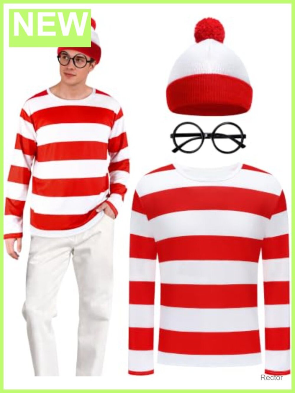 3 Pc Adult Halloween Costume Striped Shirt Hat Glasses Cosplay Set